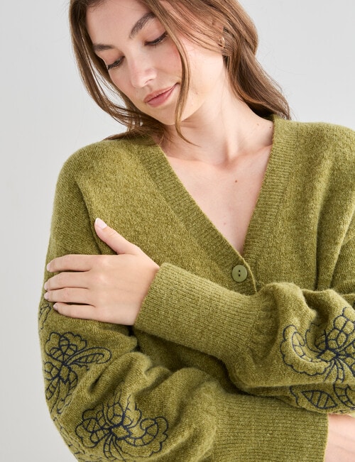 Whistle Embroidered Sleeve Cardigan, Olive product photo View 07 L