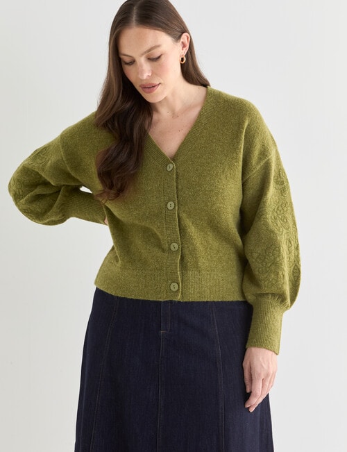 Whistle Embroidered Sleeve Cardigan, Olive product photo View 12 L