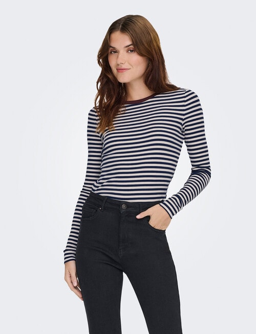ONLY Elene Stripe Rib Long Sleeve Fitted Top, Naval Academy product photo