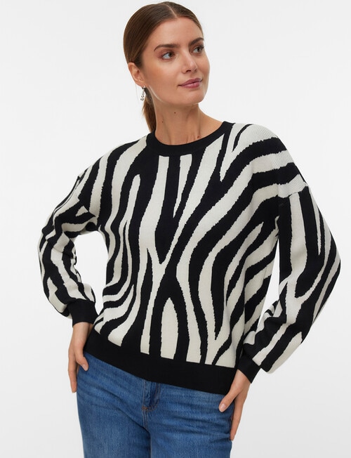 Vero Moda Silje Animal Long Sleeve Pullover, Black Zebra product photo