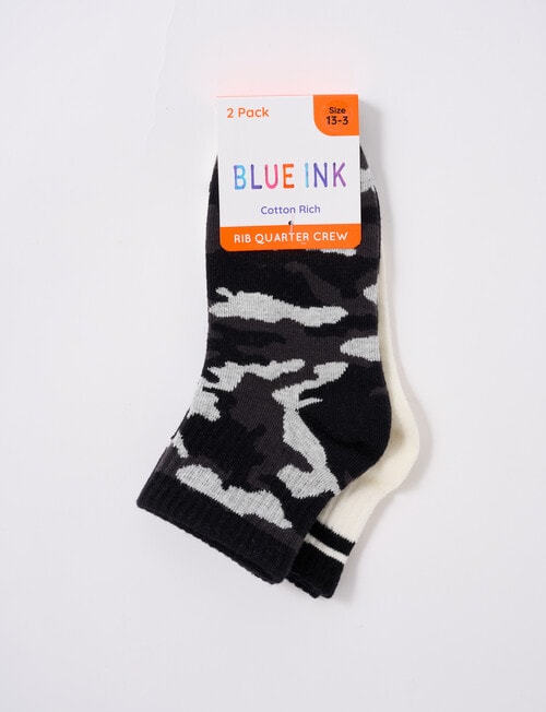 Blue Ink Camo Cotton Quarter Crew Sock, 2-Pack, Charcoal & White product photo View 02 L