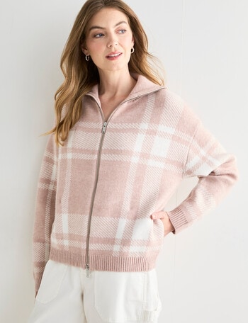 Zest Zip Up Cardigan, Dusty Pink Check product photo