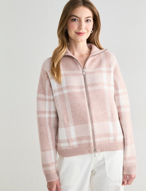 Zest Zip Up Cardigan, Dusty Pink Check product photo View 05 L