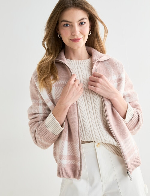 Zest Zip Up Cardigan, Dusty Pink Check product photo View 06 L