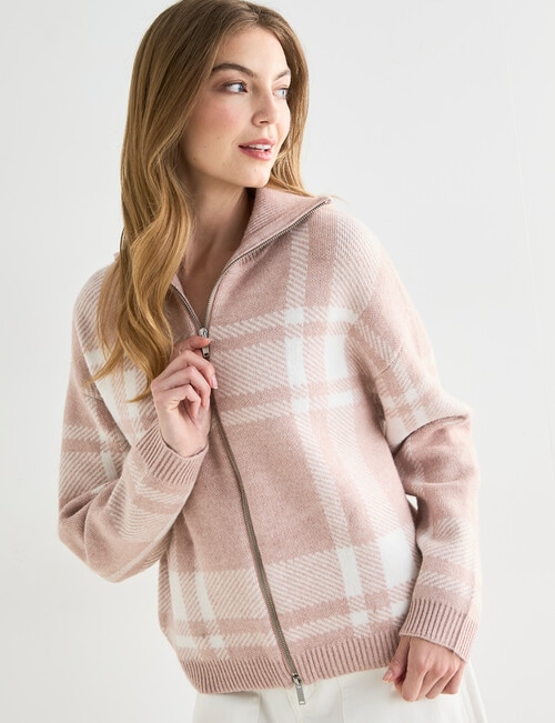 Zest Zip Up Cardigan, Dusty Pink Check product photo View 07 L