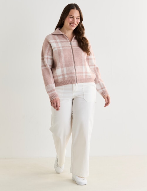 Zest Zip Up Cardigan, Dusty Pink Check product photo View 14 L