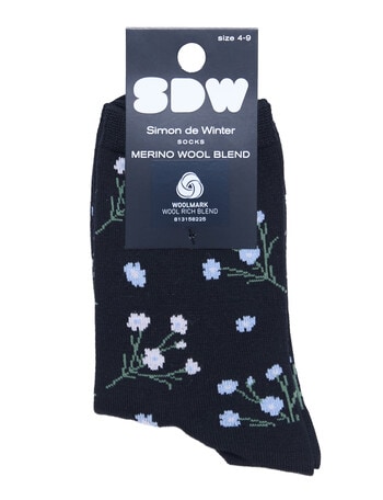 Simon De Winter Wool Blend Crew Socks, Ditsy Floral Black product photo