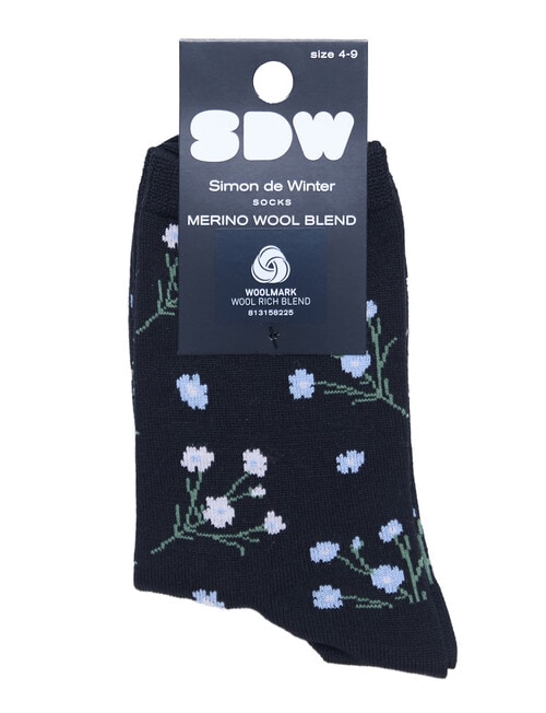 Simon De Winter Wool Blend Crew Socks, Ditsy Floral Black product photo