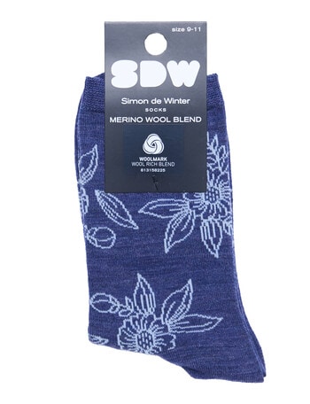 Simon De Winter Wool Blend Crew Socks, Flower Blue product photo