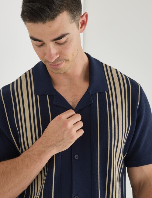 Gasoline Button Down Stripe Knit Shirt, Navy product photo View 04 L