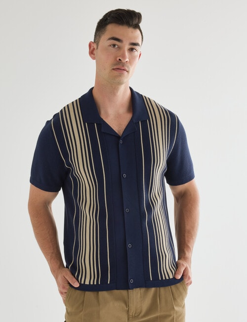 Gasoline Button Down Stripe Knit Shirt, Navy product photo