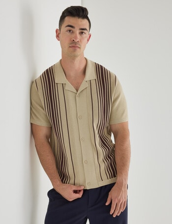 Gasoline Button Down Stripe Knit Shirt, Tan product photo