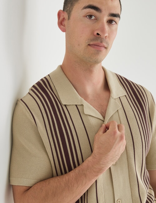 Gasoline Button Down Stripe Knit Shirt, Tan product photo View 04 L