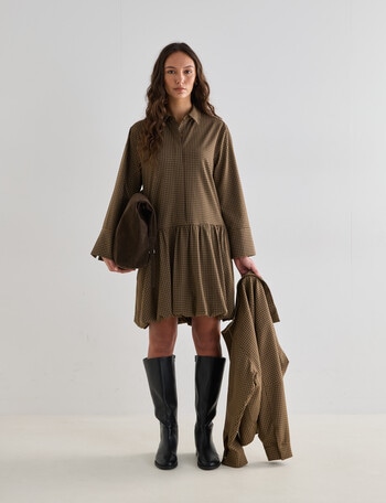 Mineral Jamie Bubble Hem Shirt Dress, Tan Check product photo