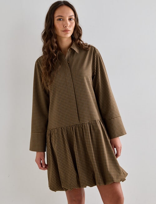 Mineral Jamie Bubble Hem Shirt Dress, Tan Check product photo View 03 L