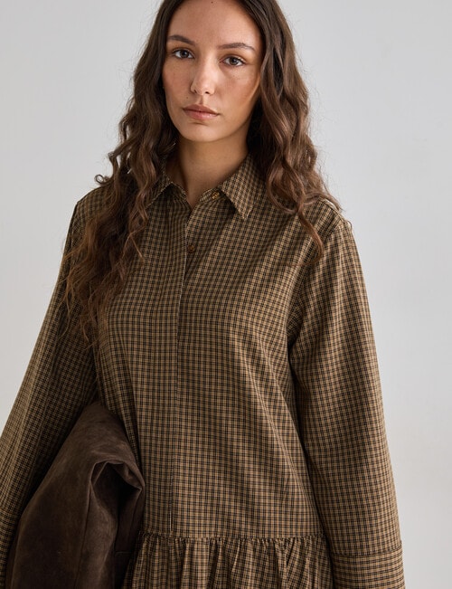 Mineral Jamie Bubble Hem Shirt Dress, Tan Check product photo View 04 L