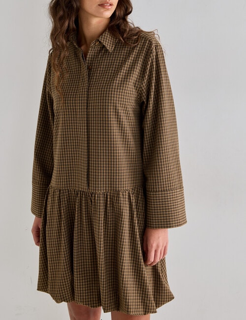 Mineral Jamie Bubble Hem Shirt Dress, Tan Check product photo View 05 L