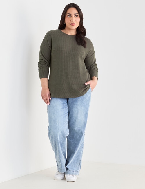 Studio Curve Supersoft Brushed Eyelet Crew Top, Olive product photo View 03 L