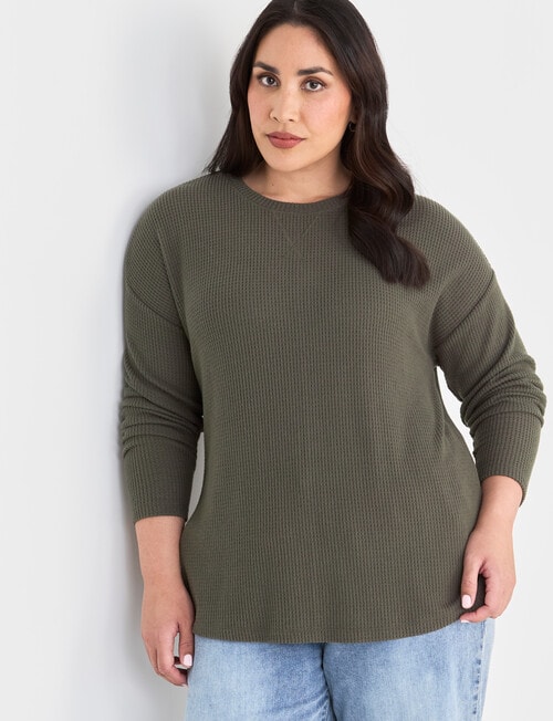 Studio Curve Supersoft Brushed Eyelet Crew Top, Olive product photo View 05 L