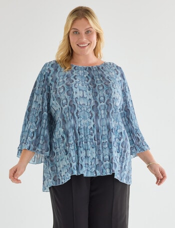 Studio Curve Pleated Chiffon Reptile Print Top, Blue product photo