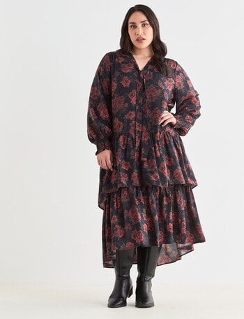Studio Curve V-Tie Neck Dress, Rose Print product photo