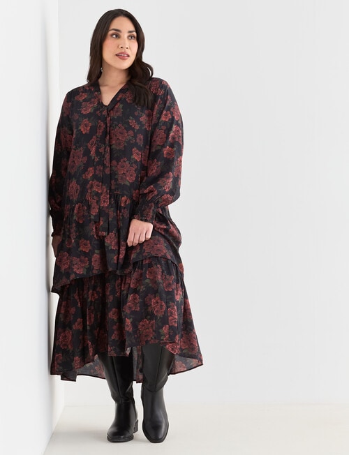 Studio Curve V-Tie Neck Dress, Rose Print product photo View 03 L