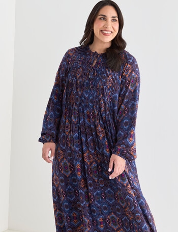 Studio Curve Pleated Double Tie Neck Dress, Boho Print product photo