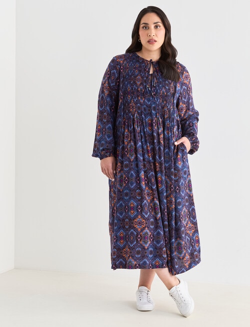 Studio Curve Pleated Double Tie Neck Dress, Boho Print product photo View 03 L