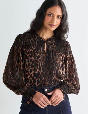 Whistle Smocked Blouse, Animal Print product photo