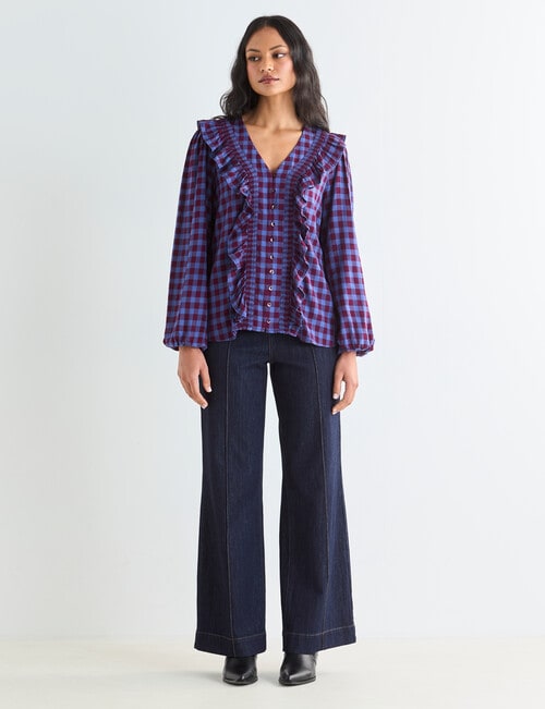 Whistle Ruffle Check Top, Blue & Cherry product photo View 03 L