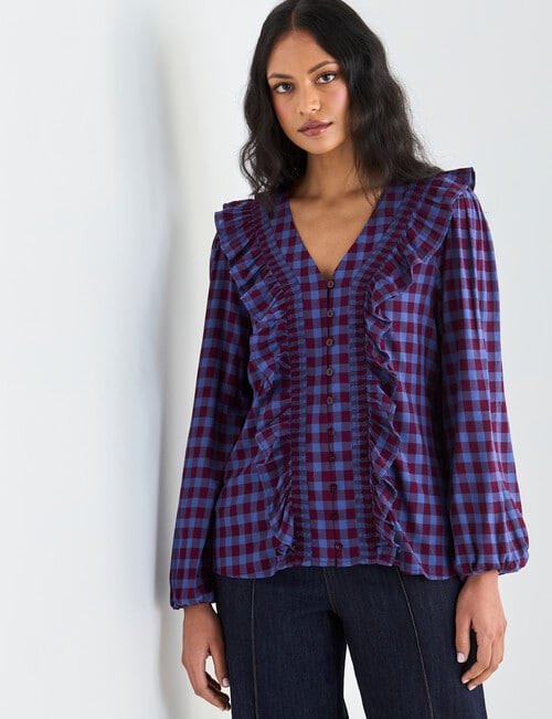 Whistle Ruffle Check Top, Blue & Cherry product photo View 05 L