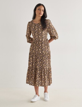 Whistle Long Sleeve Tiered Dress, Paisley Khaki product photo