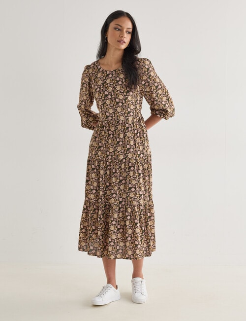 Whistle Long Sleeve Tiered Dress, Paisley Khaki product photo