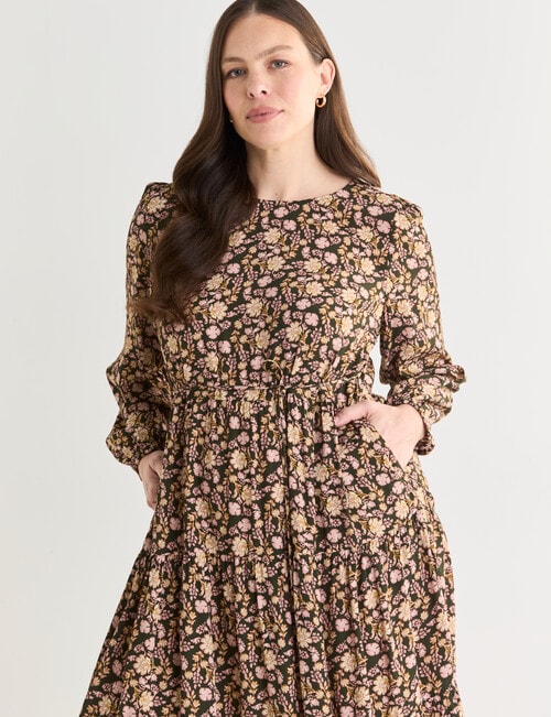 Whistle Long Sleeve Tiered Dress, Paisley Khaki product photo View 12 L