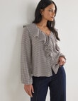 Whistle Ruffle Neck Blouse, Gingham Chocolate product photo