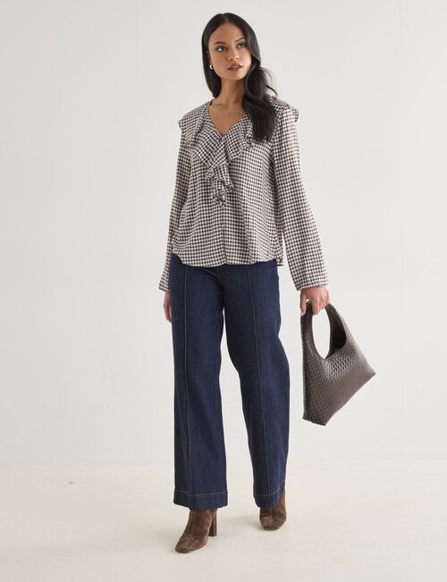 Whistle Ruffle Neck Blouse, Gingham Chocolate product photo View 03 L