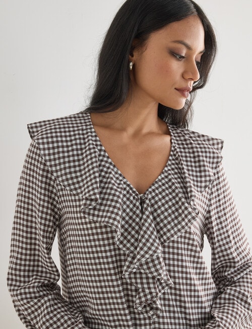 Whistle Ruffle Neck Blouse, Gingham Chocolate product photo View 04 L