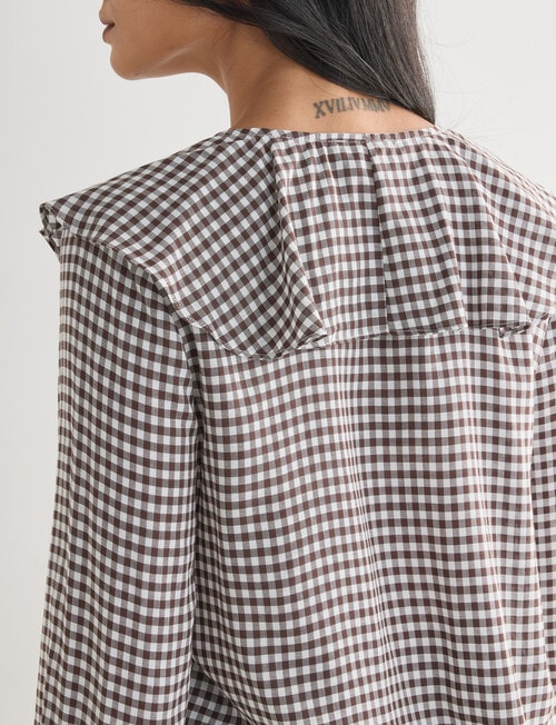 Whistle Ruffle Neck Blouse, Gingham Chocolate product photo View 05 L