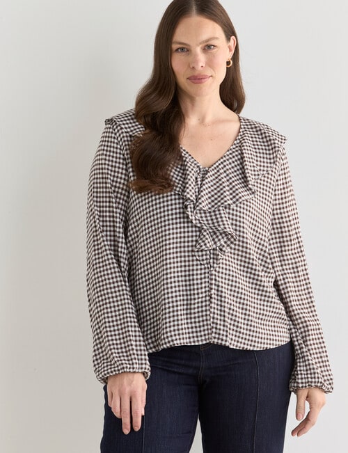 Whistle Ruffle Neck Blouse, Gingham Chocolate product photo View 12 L