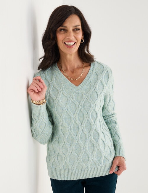 Ella J Lattice V-Neck Knit Jumper, Mint Melange product photo