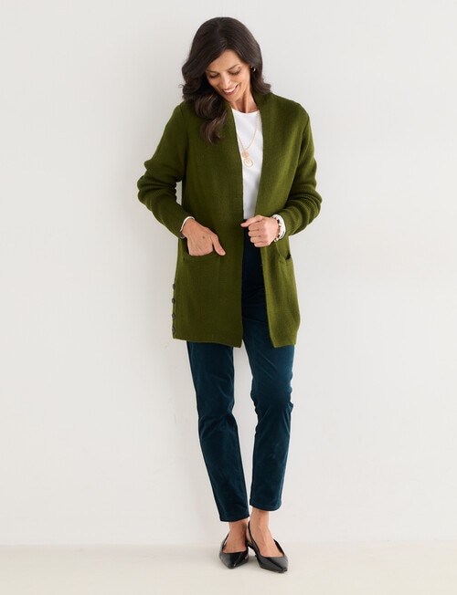 Ella J Longline Button Detail Knit Cardigan, Pine product photo View 03 L