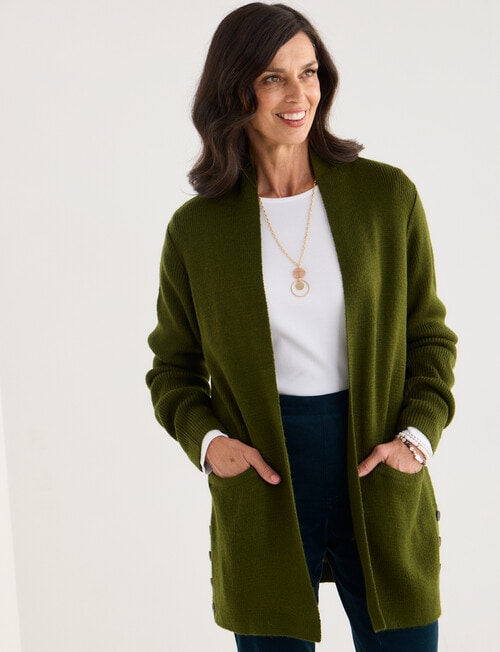 Ella J Longline Button Detail Knit Cardigan, Pine product photo View 06 L
