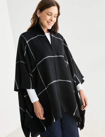 Boston + Bailey Zipup Check Poncho, Black & Ivory product photo