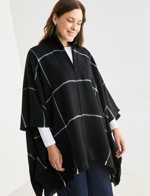 Boston + Bailey Zipup Check Poncho, Black & Ivory product photo