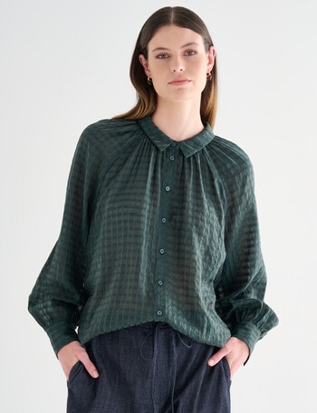 Jigsaw Sawyer Gather Neck Shirt, Forest Green Check product photo