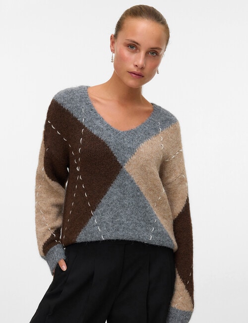 Vero Moda Bliss Handstitch Pullover, Grey & Chocolate product photo