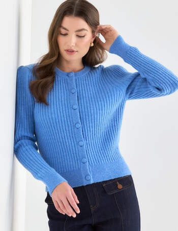 Whistle Crew Neck Rib Cardigan, Sky Blue product photo