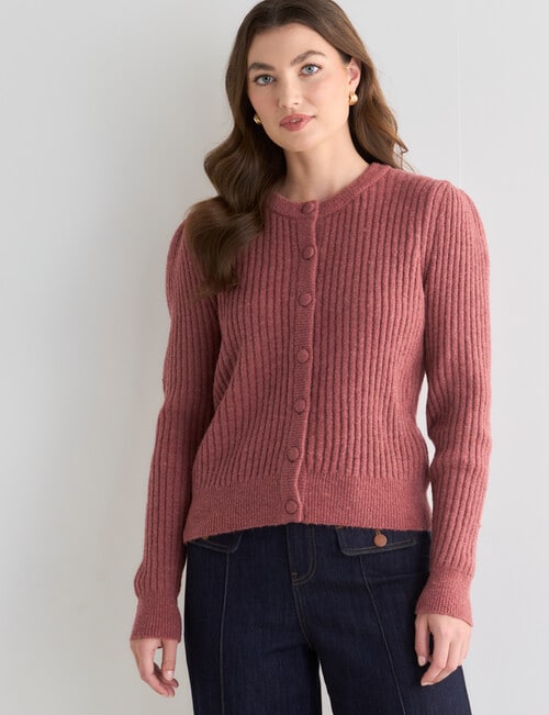 Whistle Crew Neck Rib Cardigan, Rose Dusk product photo View 05 L