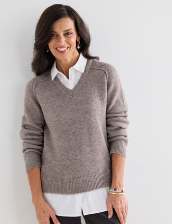 Ella J Two-In-One Knit Shirt, Mocha product photo