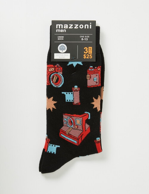 Mazzoni Vintage Cameras Cotton-Blend Crew Sock, Black product photo View 02 L